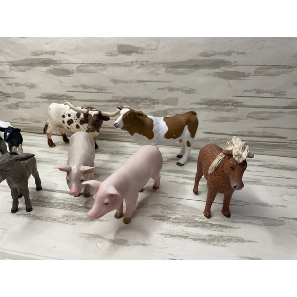 Farm Animal Figures Mixed Texas Longhorn Cow Pig Donkey Horse Kid Toy Collection - Picture 4 of 7